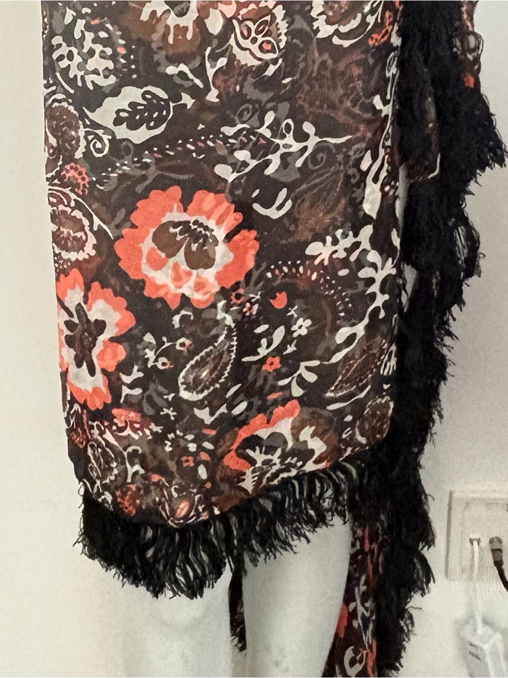 Vintage silk Floral Fringe Shawl Scarf in Black, Coral & White